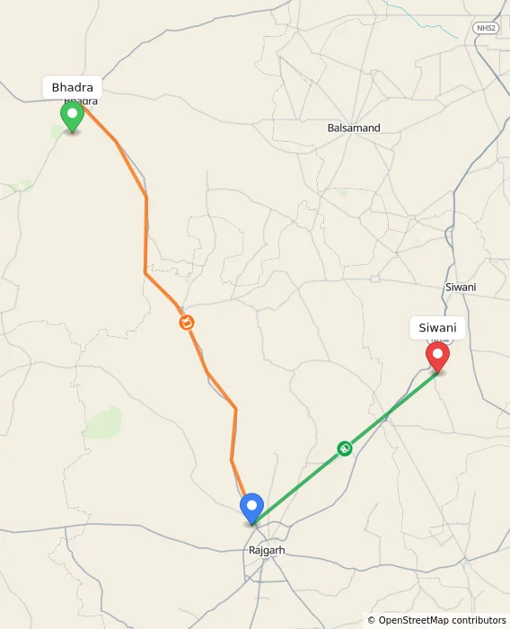 Route map showing distance and travel time from Bhadra, India to Siwani, India