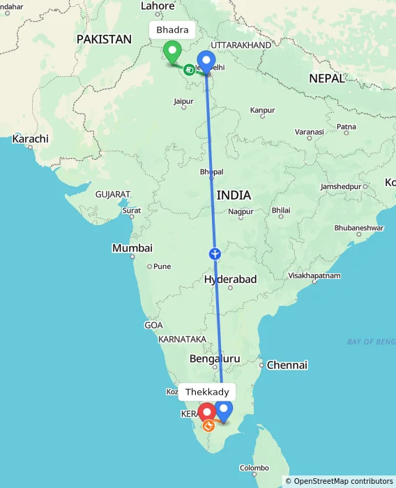 Route map showing distance and travel time from Bhadra, India to Thekkady, India
