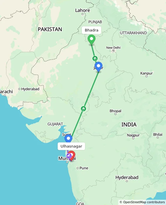 Route map showing distance and travel time from Bhadra, India to Ulhasnagar, India