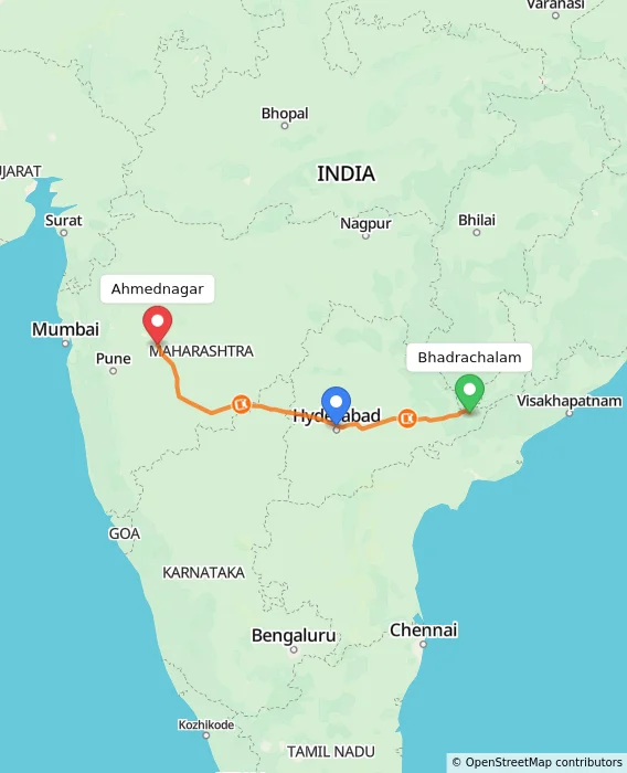 Route map showing distance and travel time from Bhadrachalam, India to Ahmednagar, India