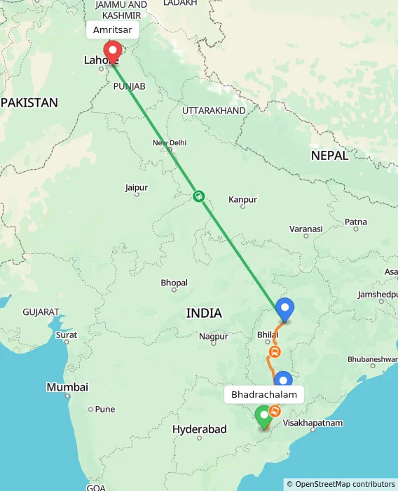 Route map showing distance and travel time from Bhadrachalam, India to Amritsar, India