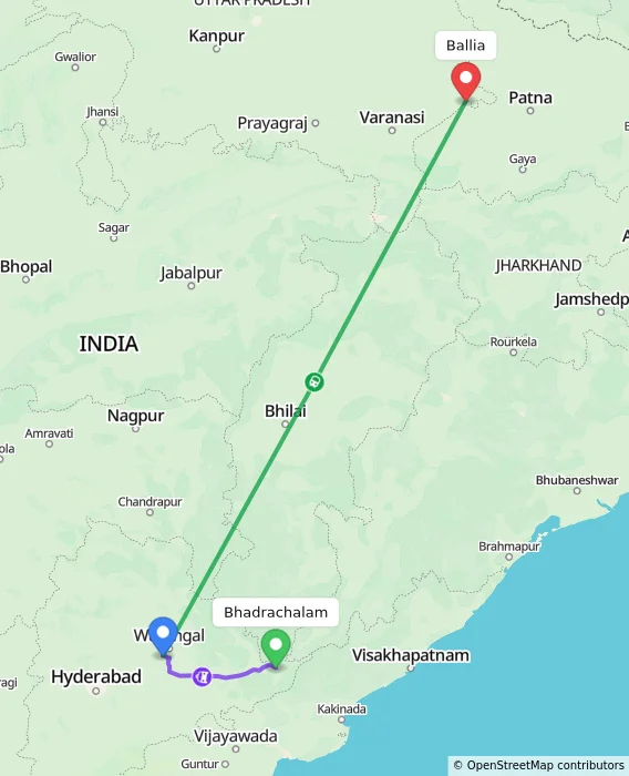 Route map showing distance and travel time from Bhadrachalam, India to Ballia, India
