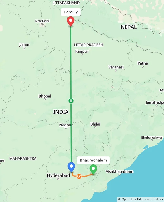 Route map showing distance and travel time from Bhadrachalam, India to Bareilly, India