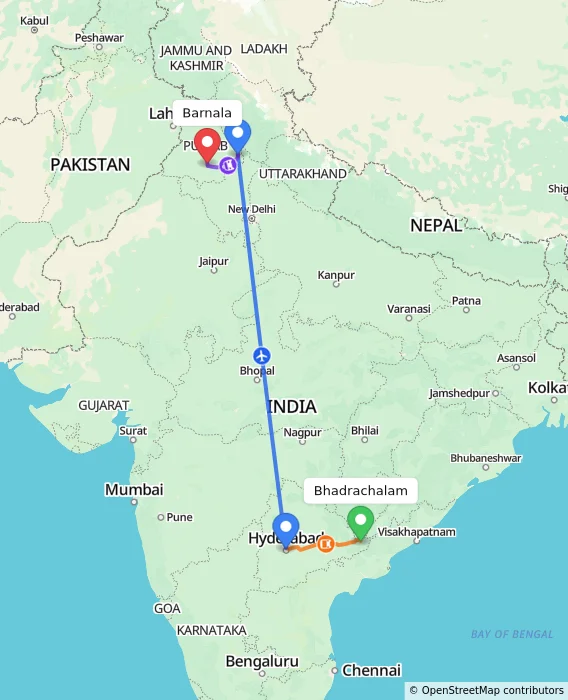 Route map showing distance and travel time from Bhadrachalam, India to Barnala, India