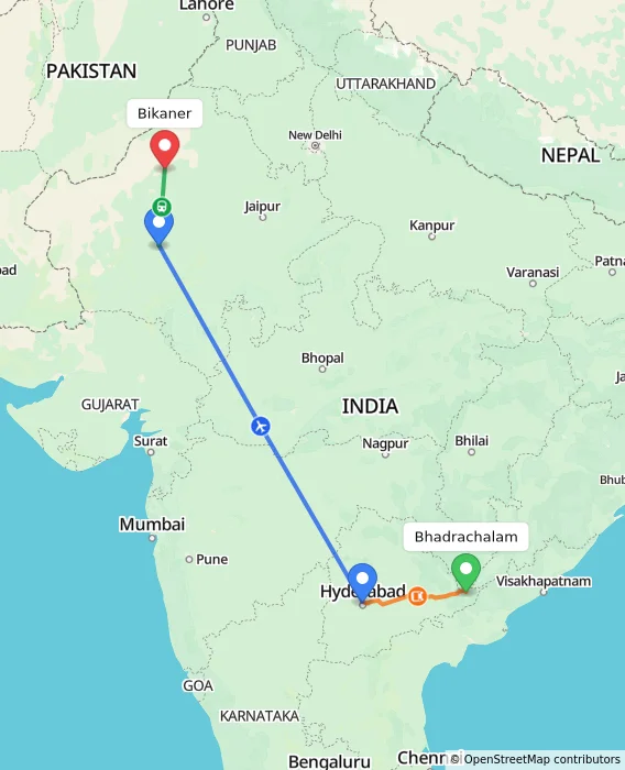 Route map showing distance and travel time from Bhadrachalam, India to Bikaner, India