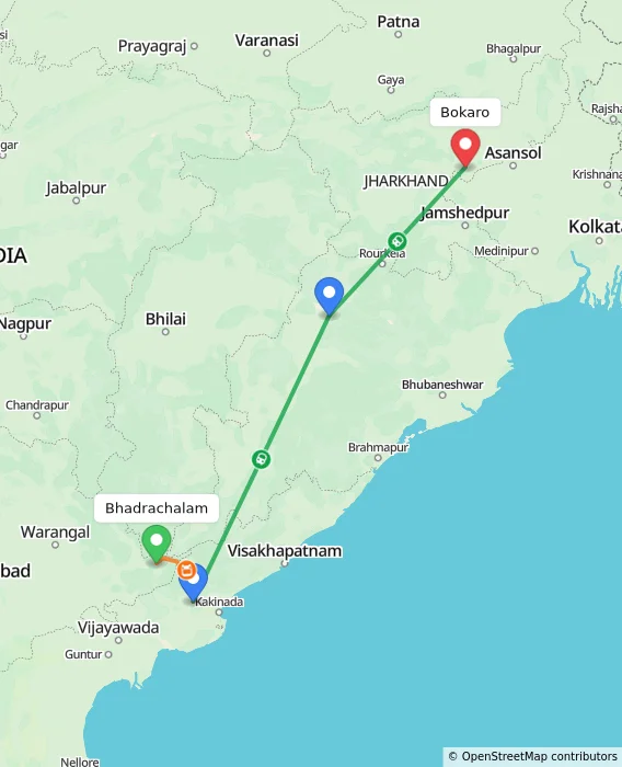 Route map showing distance and travel time from Bhadrachalam, India to Bokaro, India
