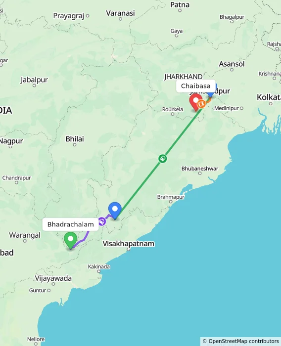 Route map showing distance and travel time from Bhadrachalam, India to Chaibasa, India