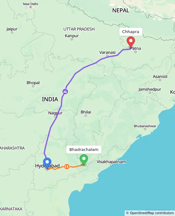 Route map showing distance and travel time from Bhadrachalam, India to Chhapra, India
