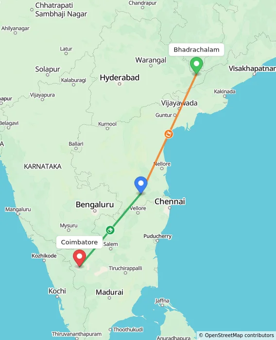 Route map showing distance and travel time from Bhadrachalam, India to Coimbatore, India