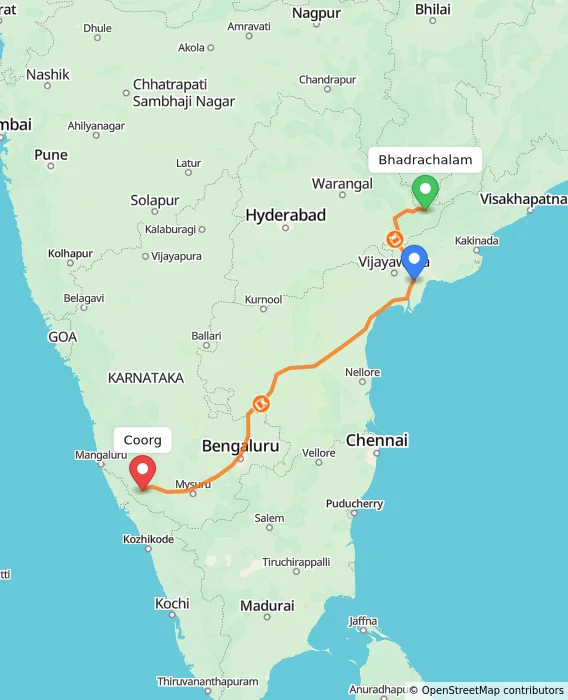 Route map showing distance and travel time from Bhadrachalam, India to Coorg, India