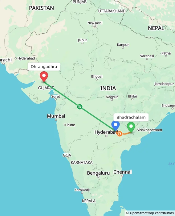 Route map showing distance and travel time from Bhadrachalam, India to Dhrangadhra, India