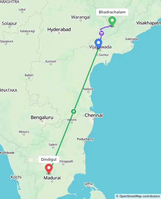 Route map showing distance and travel time from Bhadrachalam, India to Dindigul, India