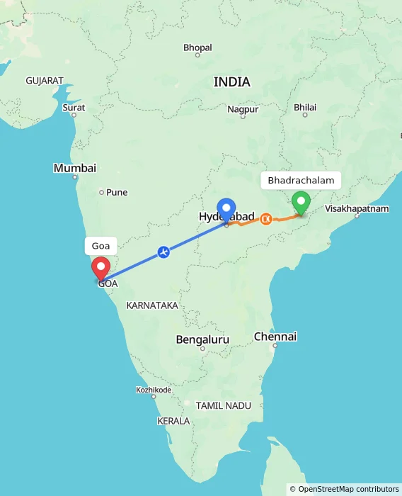 Route map showing distance and travel time from Bhadrachalam, India to Goa, India
