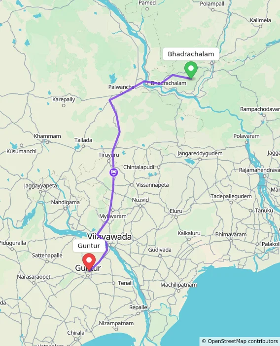Route map showing distance and travel time from Bhadrachalam, India to Guntur, India