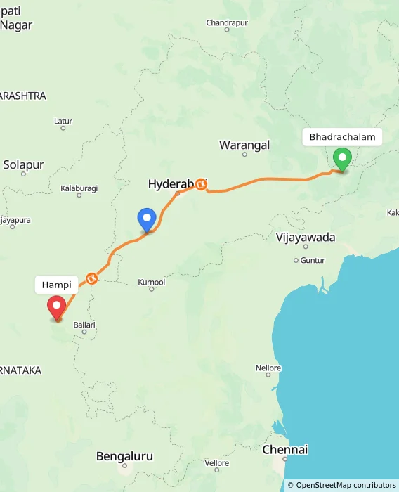 Route map showing distance and travel time from Bhadrachalam, India to Hampi, India