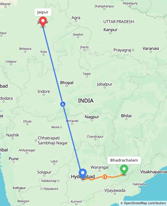 Route map showing distance and travel time from Bhadrachalam, India to Jaipur, India