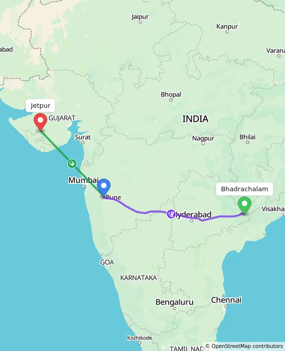 Route map showing distance and travel time from Bhadrachalam, India to Jetpur, India