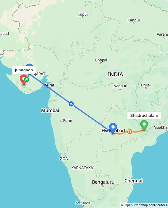 Route map showing distance and travel time from Bhadrachalam, India to Junagadh, India