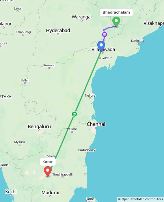 Route map showing distance and travel time from Bhadrachalam, India to Karur, India