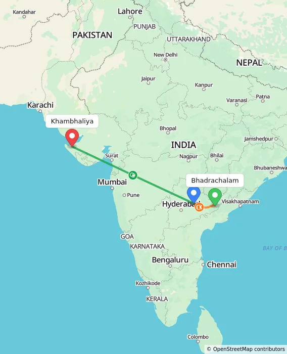 Route map showing distance and travel time from Bhadrachalam, India to Khambhaliya, India