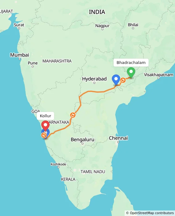 Route map showing distance and travel time from Bhadrachalam, India to Kollur, India