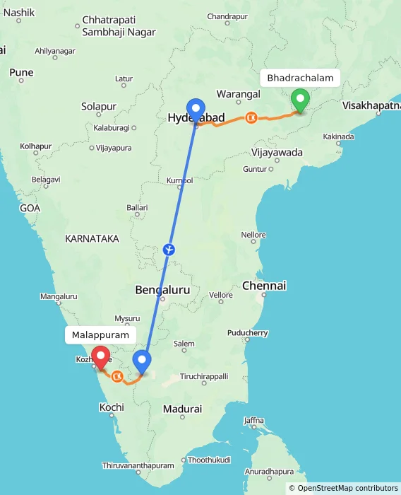 Route map showing distance and travel time from Bhadrachalam, India to Malappuram, India