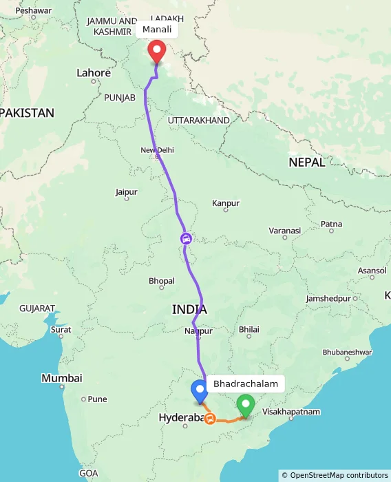 Route map showing distance and travel time from Bhadrachalam, India to Manali, India