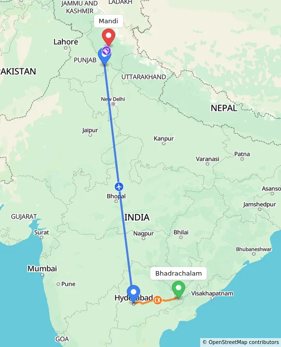 Route map showing distance and travel time from Bhadrachalam, India to Mandi, India