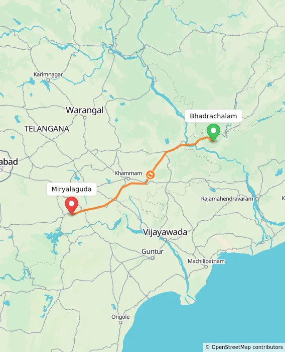 Route map showing distance and travel time from Bhadrachalam, India to Miryalaguda, India