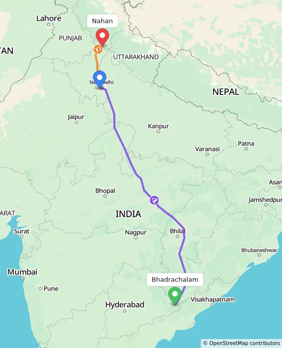 Route map showing distance and travel time from Bhadrachalam, India to Nahan, India