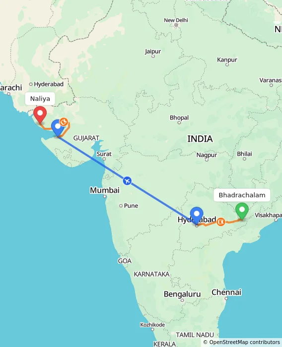 Route map showing distance and travel time from Bhadrachalam, India to Naliya, India