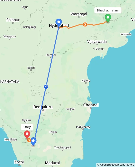 Route map showing distance and travel time from Bhadrachalam, India to Ooty, India