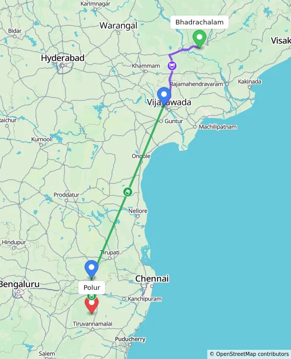 Route map showing distance and travel time from Bhadrachalam, India to Polur, India
