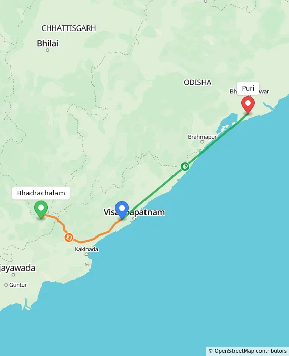 Route map showing distance and travel time from Bhadrachalam, India to Puri, India