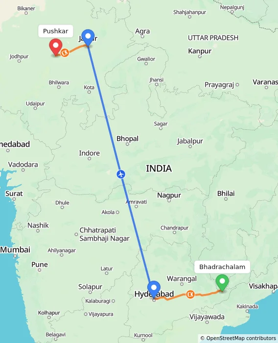 Route map showing distance and travel time from Bhadrachalam, India to Pushkar, India