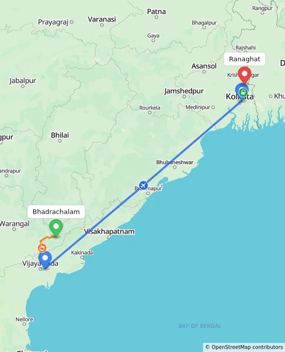 Route map showing distance and travel time from Bhadrachalam, India to Ranaghat, India