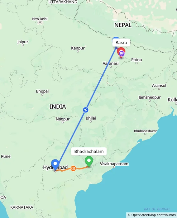 Route map showing distance and travel time from Bhadrachalam, India to Rasra, India