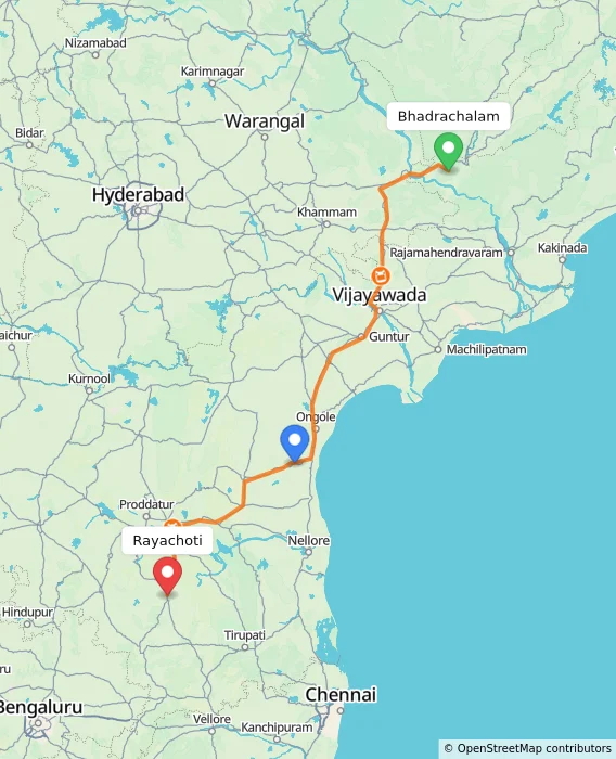 Route map showing distance and travel time from Bhadrachalam, India to Rayachoti, India