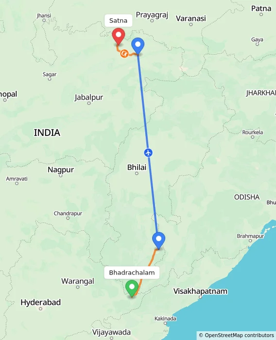 Route map showing distance and travel time from Bhadrachalam, India to Satna, India