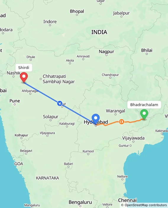 Route map showing distance and travel time from Bhadrachalam, India to Shirdi, India