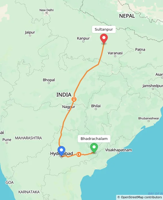 Route map showing distance and travel time from Bhadrachalam, India to Sultanpur, India