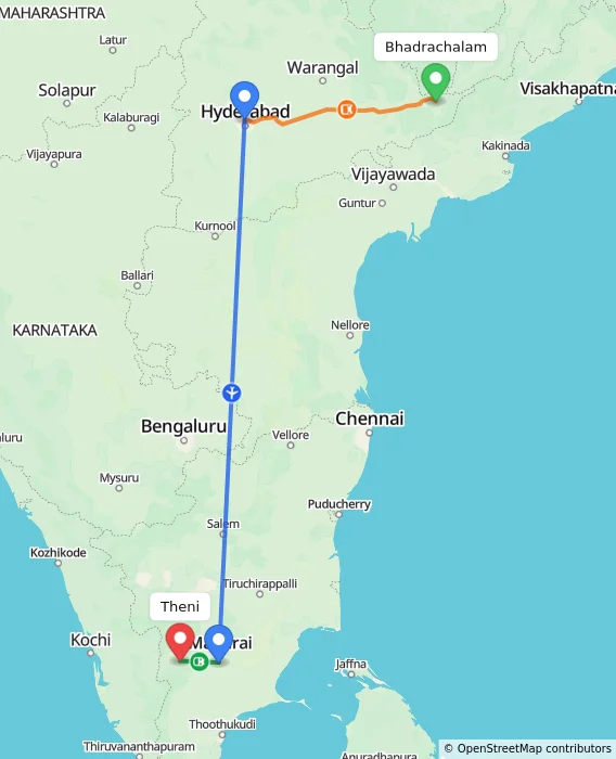 Route map showing distance and travel time from Bhadrachalam, India to Theni, India