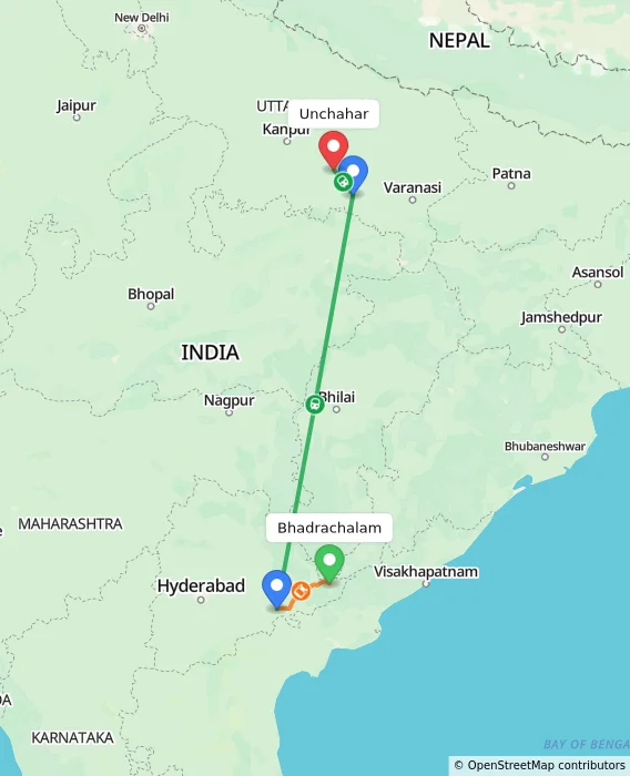 Route map showing distance and travel time from Bhadrachalam, India to Unchahar, India