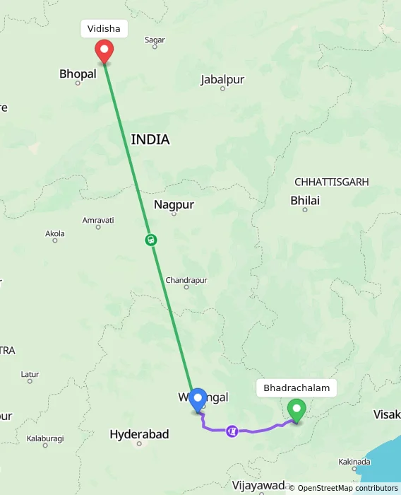 Route map showing distance and travel time from Bhadrachalam, India to Vidisha, India