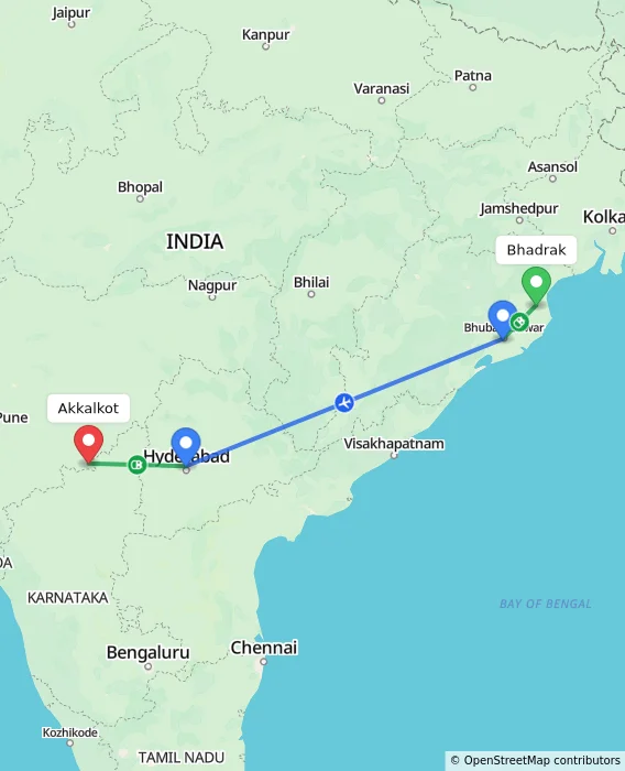 Route map showing distance and travel time from Bhadrak, India to Akkalkot, India