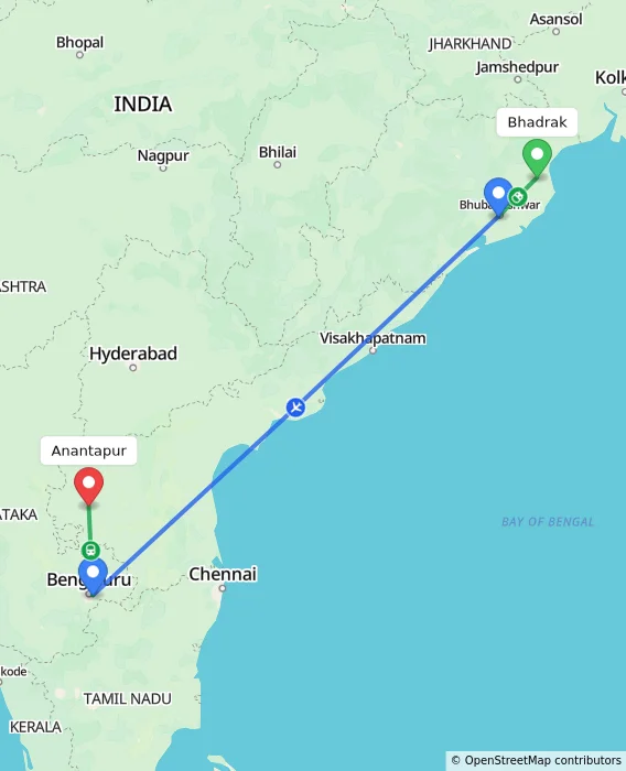 Route map showing distance and travel time from Bhadrak, India to Anantapur, India
