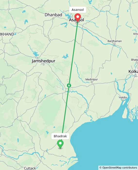 Route map showing distance and travel time from Bhadrak, India to Asansol, India
