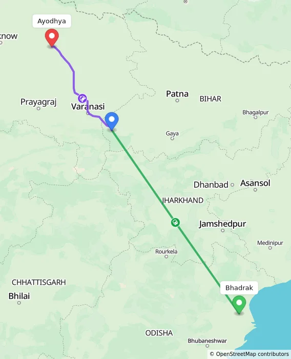 Route map showing distance and travel time from Bhadrak, India to Ayodhya, India
