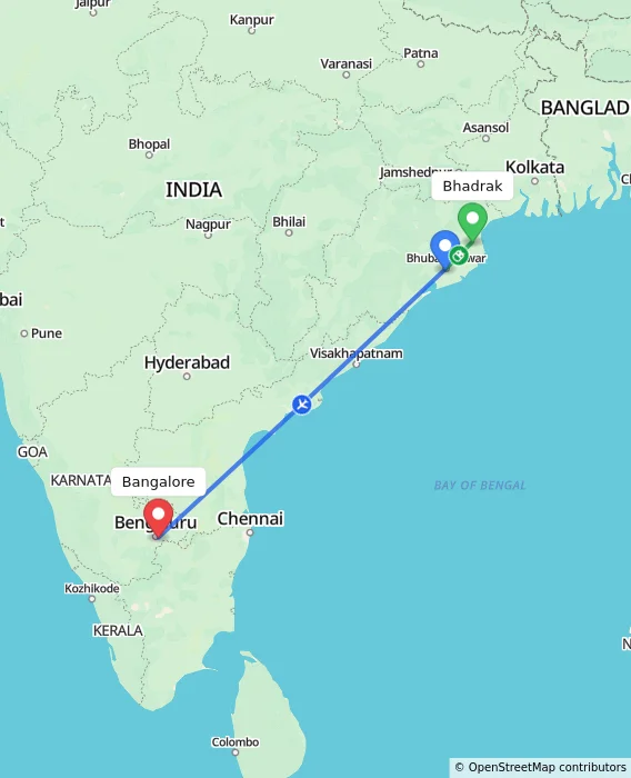Route map showing distance and travel time from Bhadrak, India to Bangalore, India