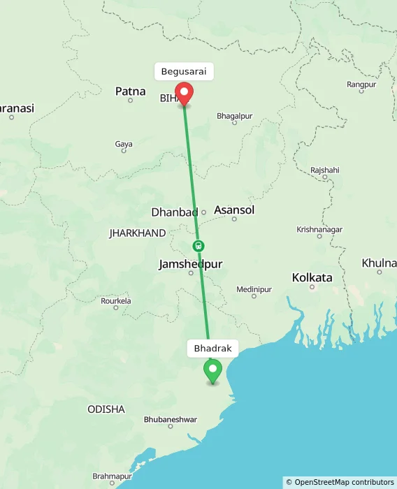 Route map showing distance and travel time from Bhadrak, India to Begusarai, India